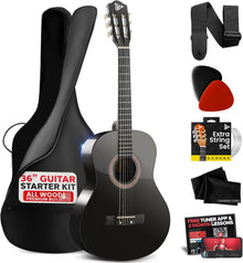 Beginner Acoustic Guitar Kit, Warm Sound, Nylon Strings, 36" Gloss Black