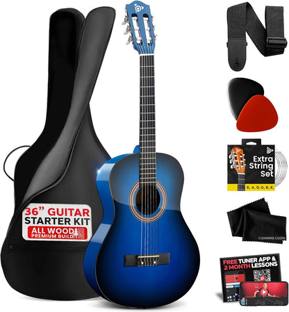 Beginner Acoustic Guitar Kit, 3/4 Size, Nylon Strings, Blue Burst