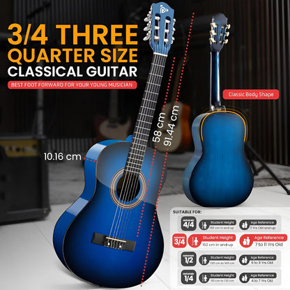 Beginner Acoustic Guitar Kit, 3/4 Size, Nylon Strings, Blue Burst