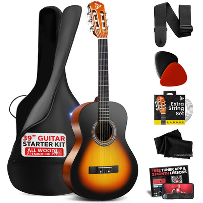 Beginner Acoustic Guitar Kit, 39" Wood, Sunburst