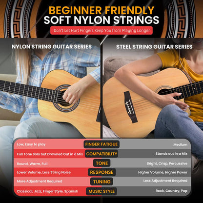 Classical Guitar Starter Kit, Warm Sound, Nylon Strings, Natural Gloss