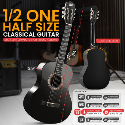 Classical Guitar Starter Kit, Warm Sound, Nylon Strings, Black Gloss