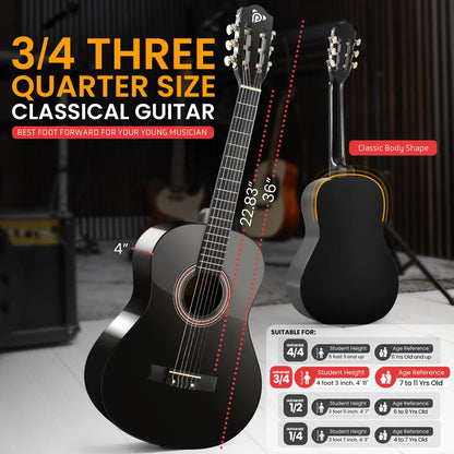 Beginner Acoustic Guitar Kit, Warm Sound, Nylon Strings, 36" Gloss Black