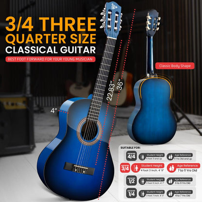 Beginner Acoustic Guitar Kit, Warm Sound, Nylon Strings, Blue Gloss, 36"