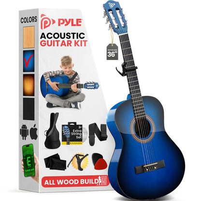 Beginner Acoustic Guitar Kit, Warm Sound, Nylon Strings, Blue Gloss, 36"