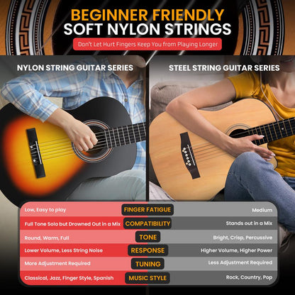 Classical Guitar Starter Kit, Warm Sound, Nylon Strings, Sunburst