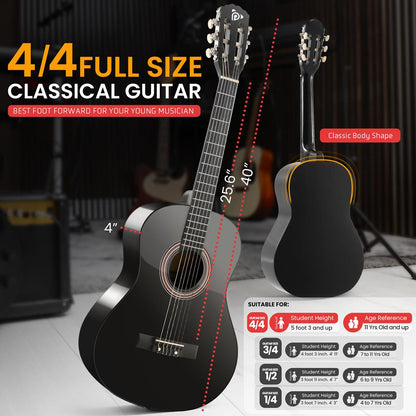 Classical Guitar Starter Kit - Warm Sound, Nylon Strings, 39" Wood, Black