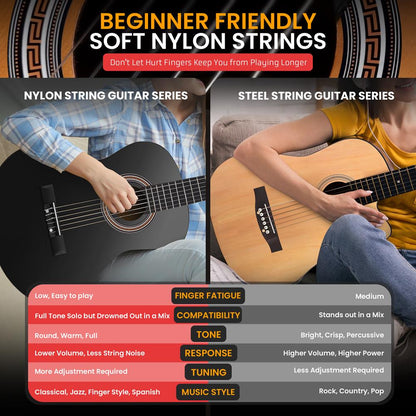 Classical Guitar Starter Kit - Warm Sound, Nylon Strings, 39" Wood, Black