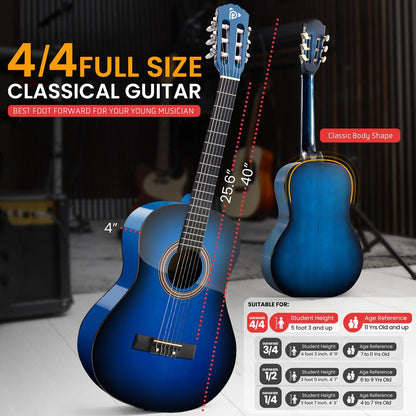 Classical Guitar Starter Kit, Warm Sound, Nylon Strings, Blue Gloss