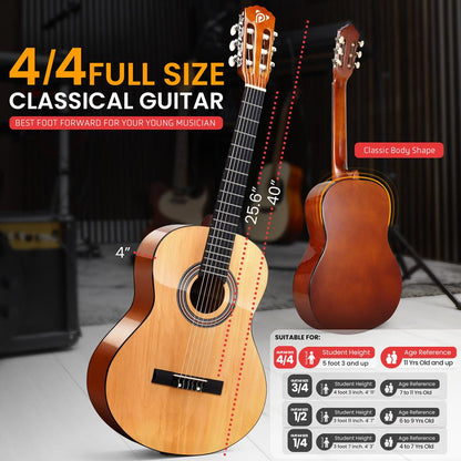 39" Classical Guitar Starter Kit, Warm Sound, Nylon Strings, Natural Gloss