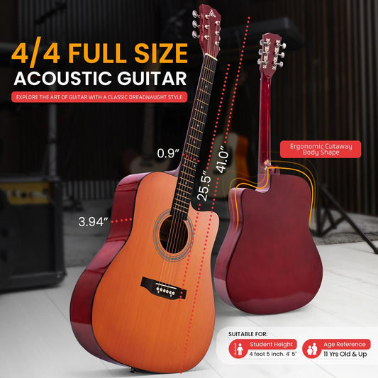 Acoustic Guitar Kit, Easy Play, Cutaway Design, 41" Brown Glossy