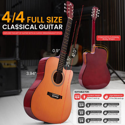 Acoustic Guitar Kit, Easy Play, Cutaway Design, 41" Brown Glossy