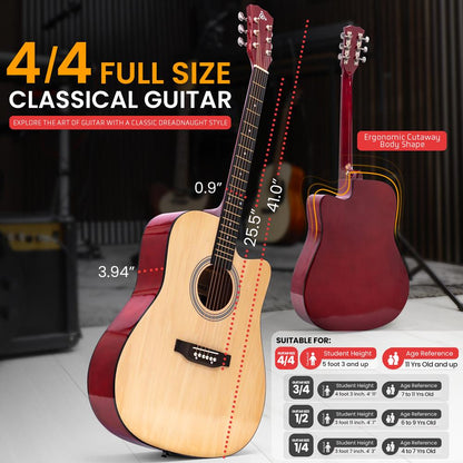 Acoustic Guitar Kit, Easy Play, Cutaway Design, Natural Glossy, 41"
