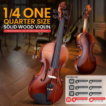 1/4 Size Violin Starter Kit, Ready to Play, Plywood Body, Wood Grain