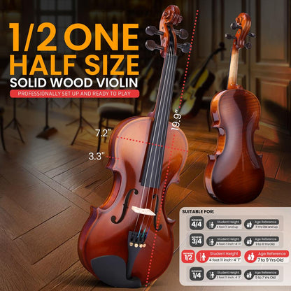 1/2 Size Violin Starter Kit, Ready to Play, Wood Grain, Includes Case & Bow