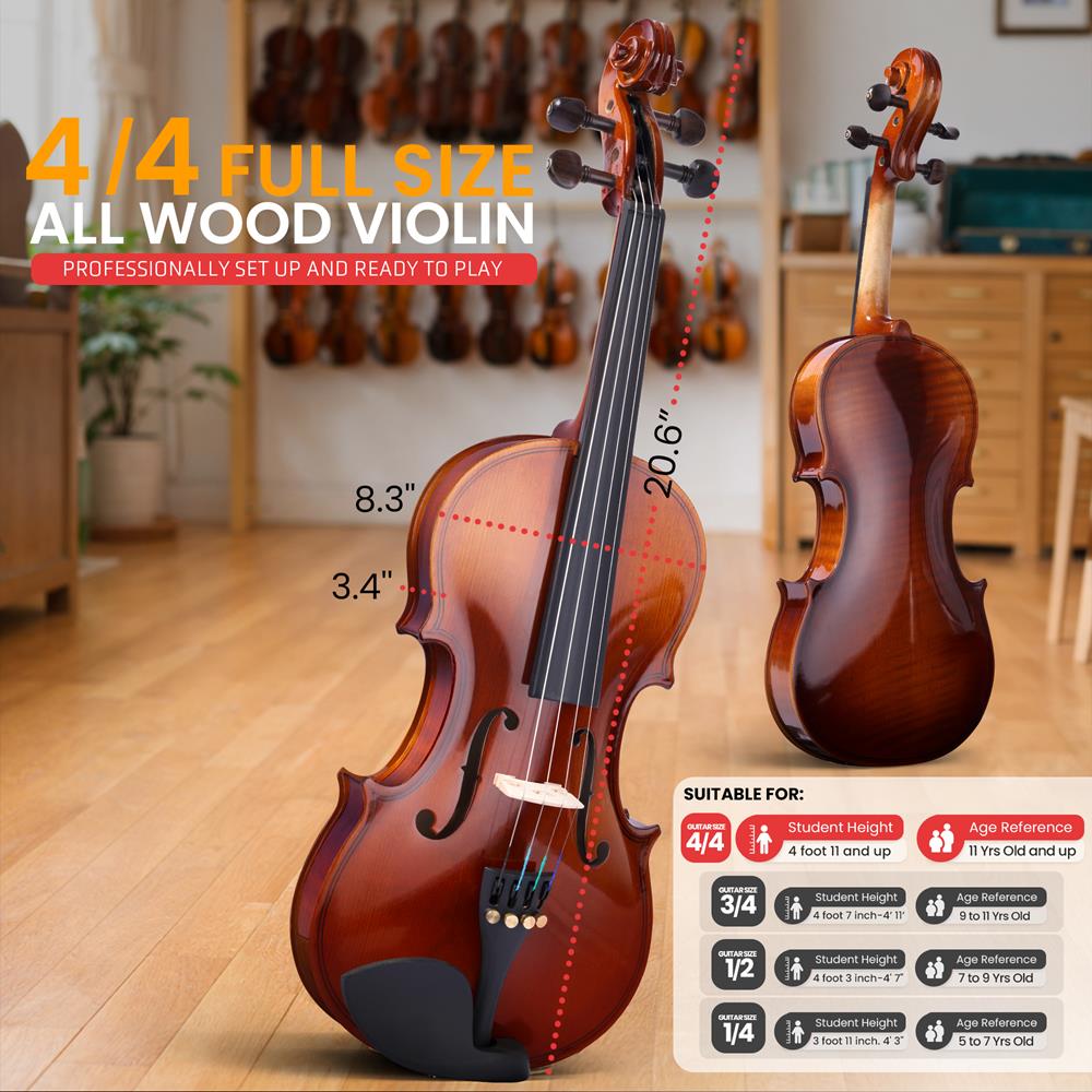 Full Size Violin Starter Kit, Ready to Play, Wood Grain, Includes