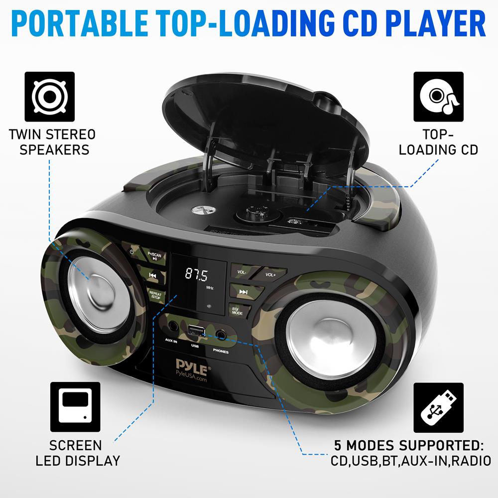 Portable CD Player Boombox, Bluetooth, 50W, Camouflage Design - Thumbnail 4