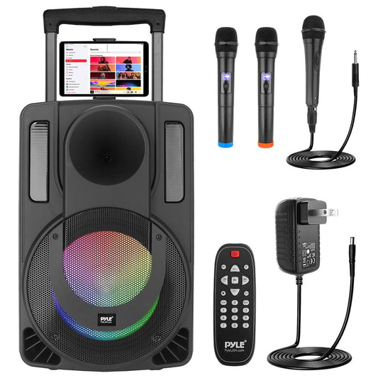 15" Portable PA Speaker, Karaoke, Bluetooth, LED Lights, 680W, 2 Mics