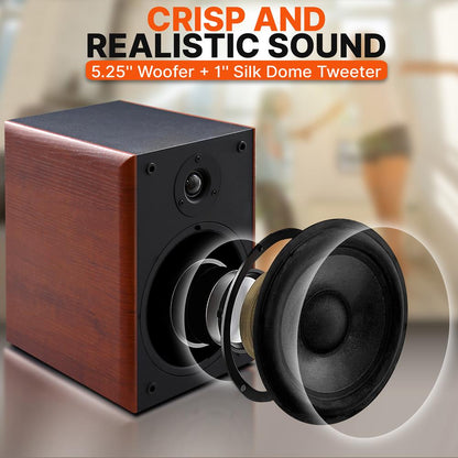 Bookshelf Speakers 200W Max Power Silk Dome Tweeter Wood Grain Finish