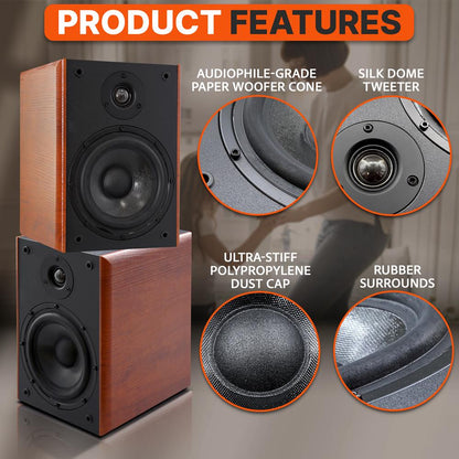 Bookshelf Speakers 200W Max Power Silk Dome Tweeter Wood Grain Finish