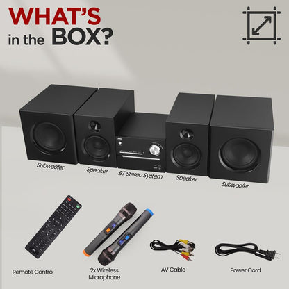 Stereo System with Bluetooth, Strong Sound, Wooden Speakers, Remote Control