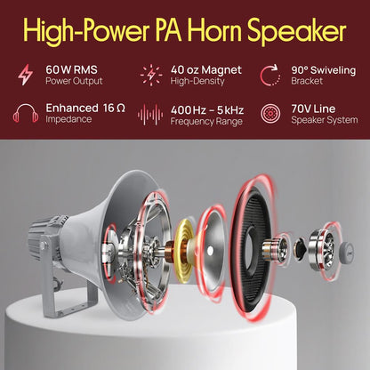 PA Horn Speaker 60W Loud Sound Aluminum Housing Grey