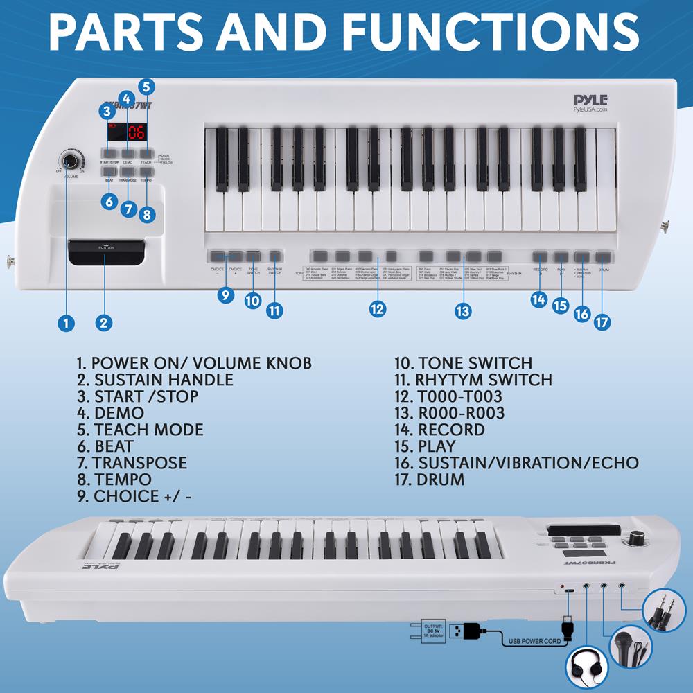 Electric Piano 37-Key Rechargeable Stereo Speakers White – Pyle USA