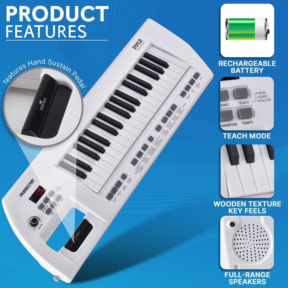 Electric Piano 37-Key Rechargeable Stereo Speakers White – Pyle USA
