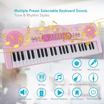 Kids Electric Keyboard - Play & Sing-Along - 49 Keys, Pink