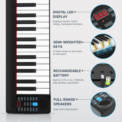 Electric Piano Keyboard 61 Keys Foldable Bluetooth 129 Tones