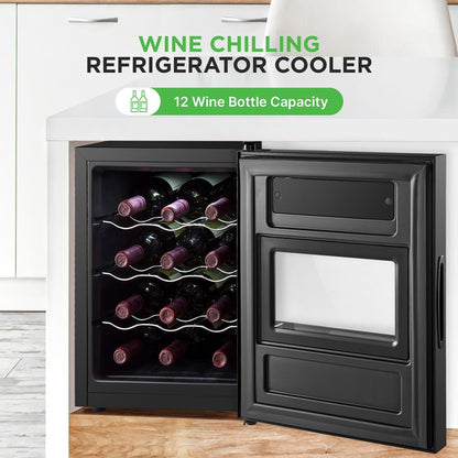 12 Bottle Wine Cooler, Adjustable Temp, Quiet Thermoelectric, Glass Door
