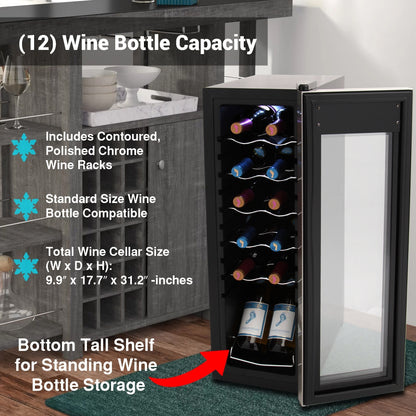 12 Bottle Wine Cooler, Compact Fridge, Digital Control, Stainless Steel
