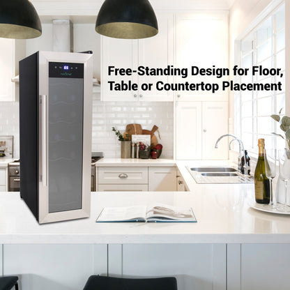 12 Bottle Wine Cooler, Compact Fridge, Digital Control, Stainless Steel