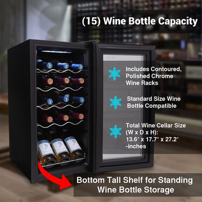Compressor Wine Fridge 15-Bottle Capacity Digital Touch Glass Door White