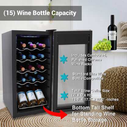 15 Bottle Wine Fridge, Adjustable Temp, Stainless Steel Door, Quiet Operation