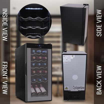 18 Bottle Wine Fridge, Adjustable Temp, Quiet, Glass Door, 30x13x17 IN