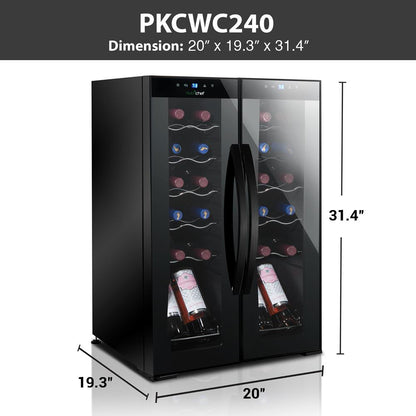 24 Bottle Wine Fridge, Dual Zone, Adjustable Temp, Glass Door, Quiet Operation