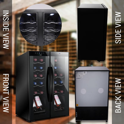 24 Bottle Wine Fridge, Dual Zone, Adjustable Temp, Glass Door, Quiet Operation