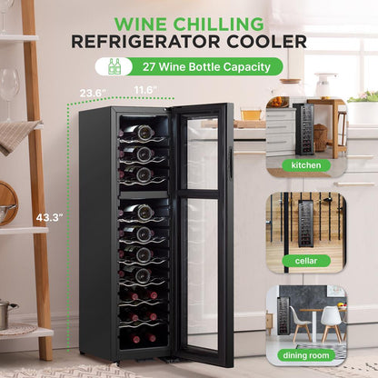 Dual-Zone Wine Cooler, 27-Bottle Capacity, Digital Control, Glass Door
