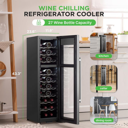 27 Bottle Wine Cooler, Dual Zone, Adjustable Temp, Stainless Steel Door