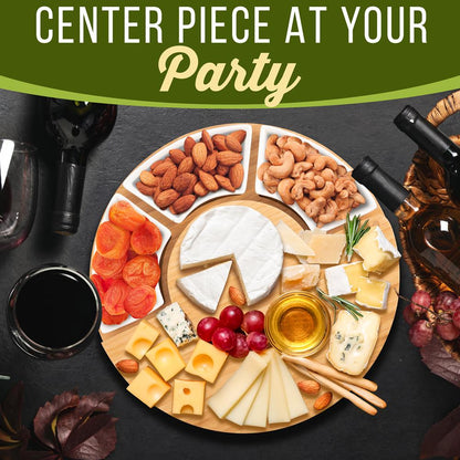 Bamboo Cheese Board Set, Extra Large, 13" Round, Includes Knives & Bowls