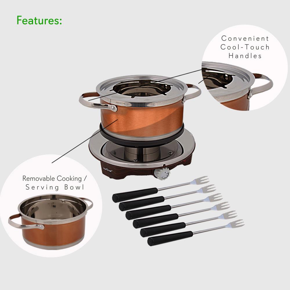 Electric Fondue Maker 1000W Nonstick Stainless Steel Pot w/Forks - Thumbnail 2