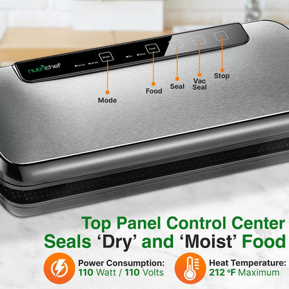Food Vacuum Sealer, Extends Shelf Life, Stainless Steel, LED Touch Controls