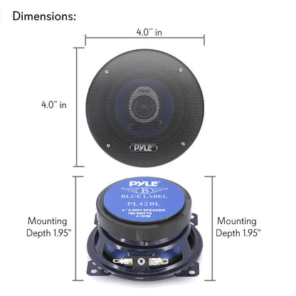 4" Car Speakers Pair - 180W Peak, Blue Poly Cone, Butyl Rubber Surround