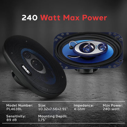 4"x6" 240W Car Speakers, Triaxial, Butyl Rubber, Blue Cone