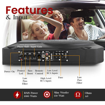 10" 900W Low-Profile Car Subwoofer System, Slim Design, Underseat Install