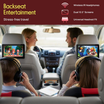 Dual Headrest DVD Player - 10.5" LCD, Stereo Speakers, Wireless Headphones