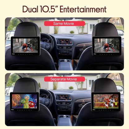 Dual Headrest DVD Player - 10.5" LCD, Stereo Speakers, Wireless Headphones