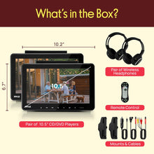 Dual Headrest DVD Player - 10.5" LCD, Stereo Speakers, Wireless Headphones