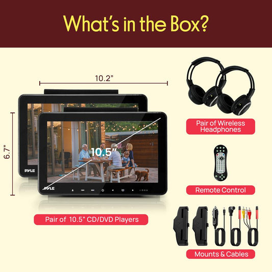 Dual Headrest DVD Player - 10.5" LCD, Stereo Speakers, Wireless Headphones
